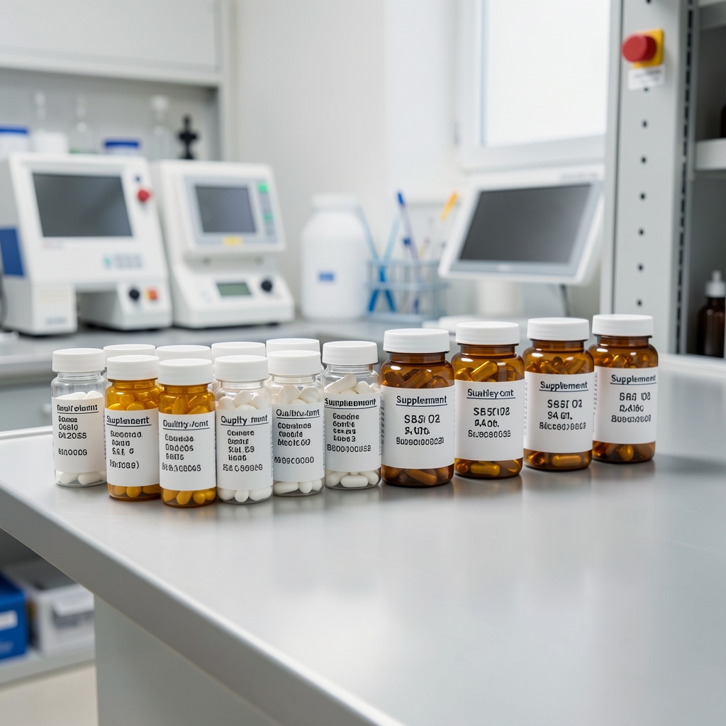 Supplement capsules lined up on a quality-control bench with batch coding labels visible under bright controlled lighting in a clean workspace
