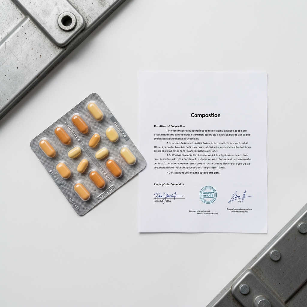 Overhead flat-lay of a 30-capsule supplement blister pack alongside a printed certificate of composition on a clean white surface with industrial grey accents