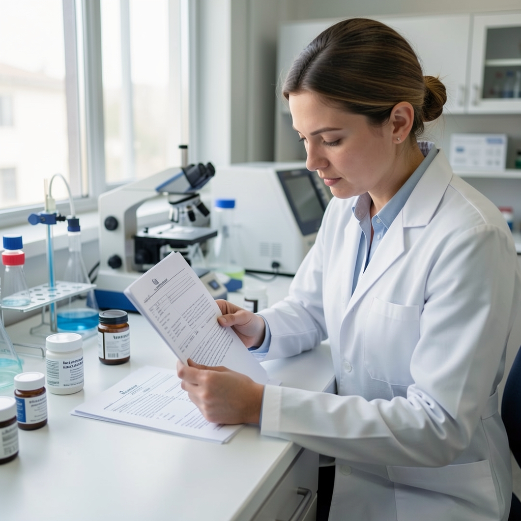 Independent laboratory analyst reviewing batch documentation sheets with supplement containers on a clean analysis bench