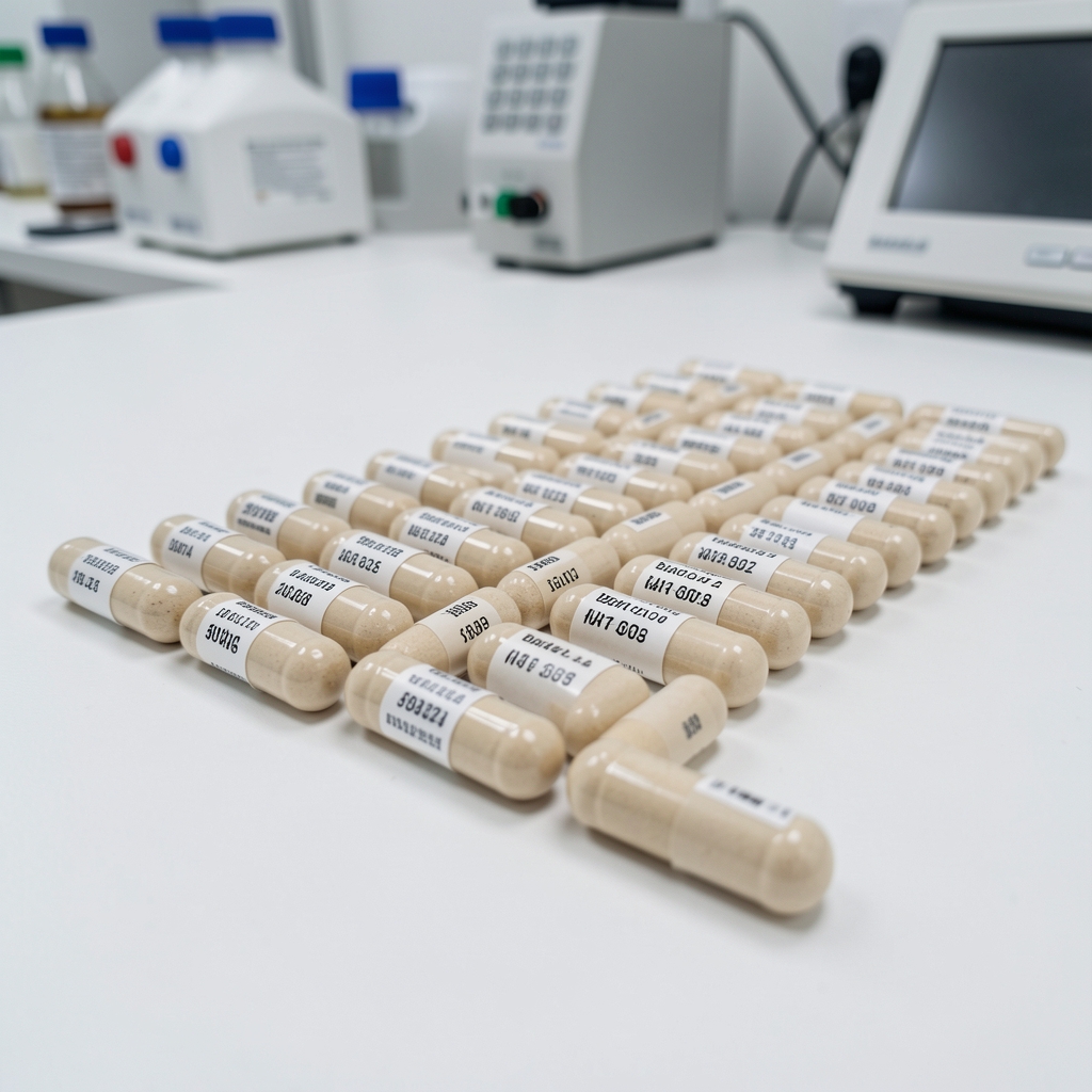 Finished supplement capsules arranged in rows on a white surface with batch code labels in a quality-control environment
