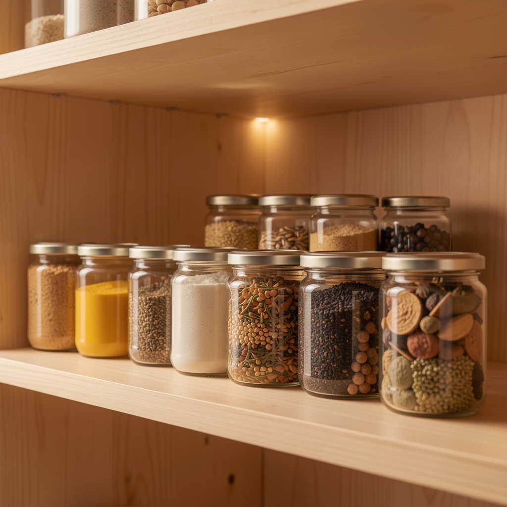 Ingredient sample jars arranged on a clean wooden shelf in the Tarikola Warsaw studio with warm ambient lighting