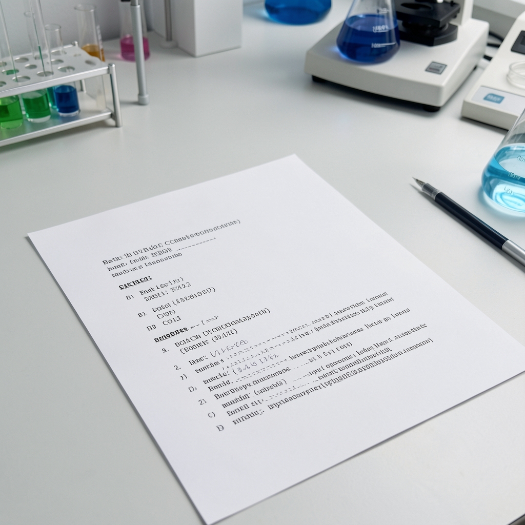 Batch coding documentation printed on white card stock on a laboratory-style work surface with controlled lighting